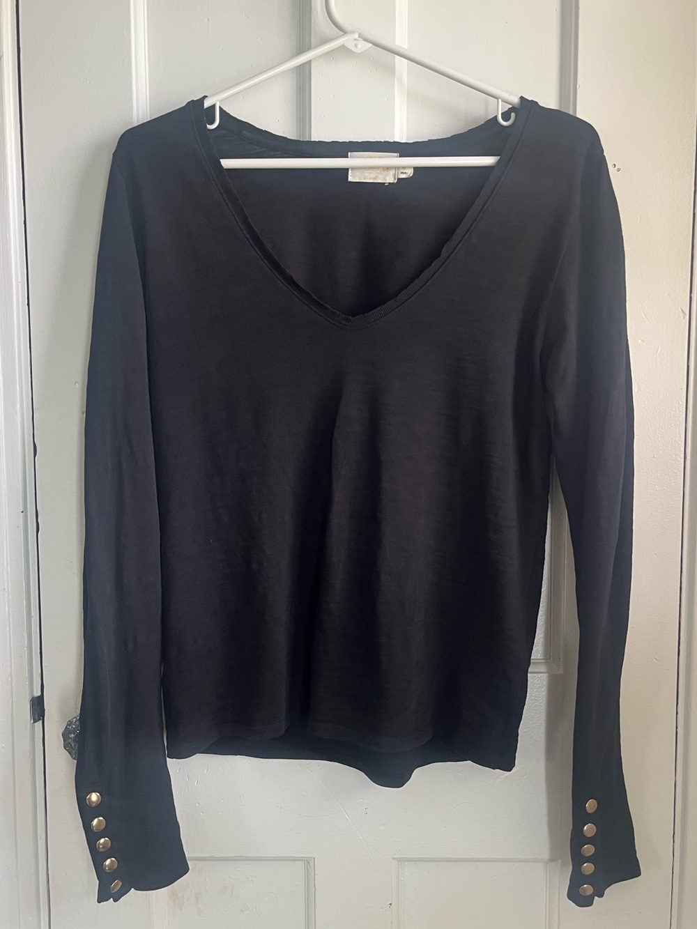 Nation LTD Black Long Sleeve Slub T-shirt Top with Gold Stud-Sleeves Small